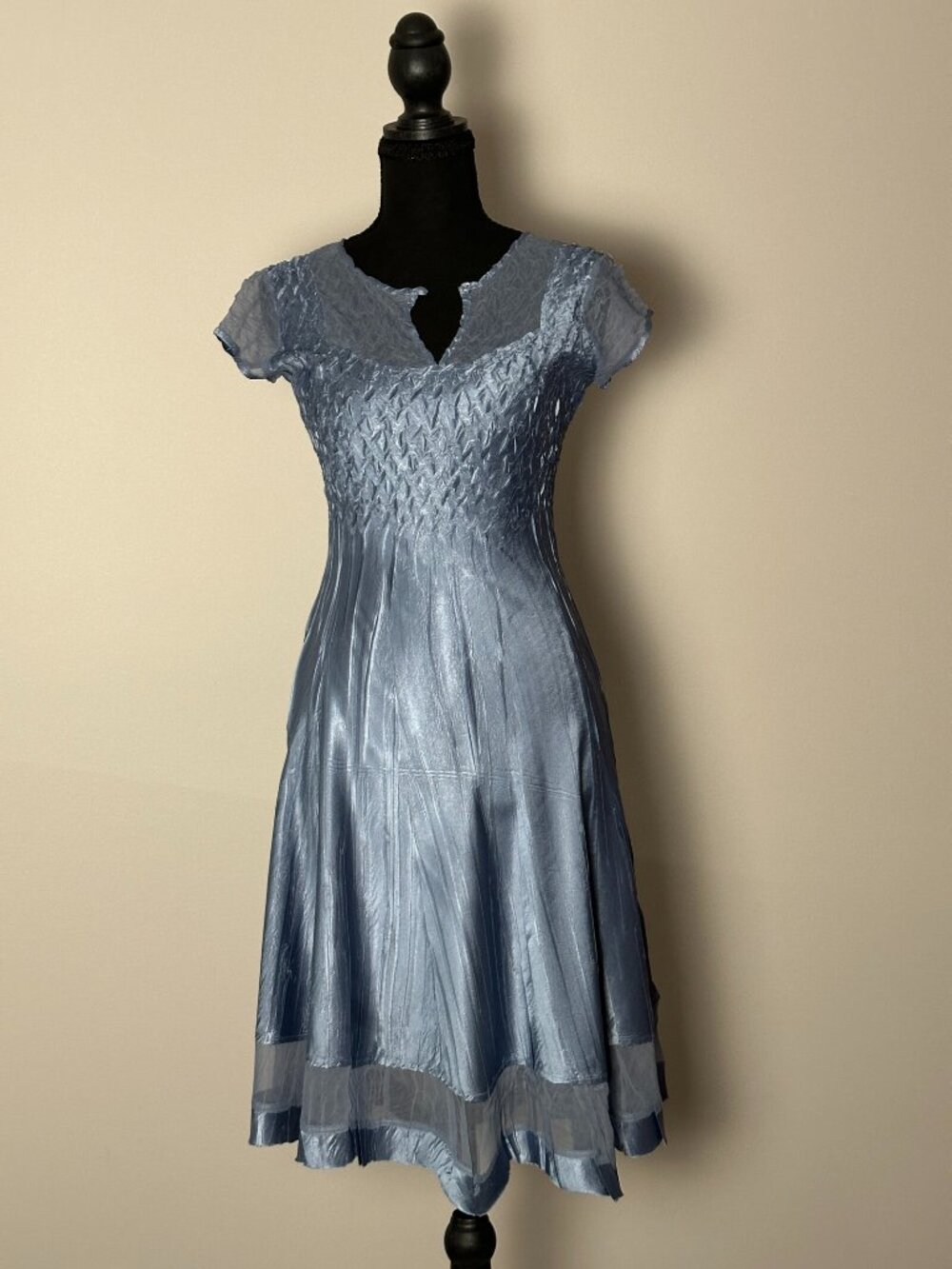 Komarov Steel Blue Crinkle Cap Sleeve A-Line Dress Size Petite Small P/S
